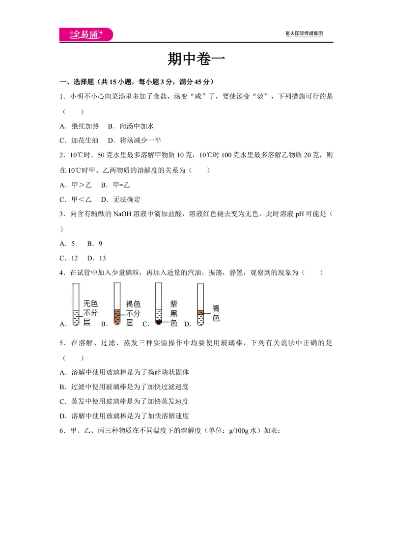 《初中化学九年级下沪教版期中卷一_初中全科目同步习题+精品试卷（7-9年级）_25秋初中化学《同步习题+精品试卷》_初中化学（沪教版）试卷_同步试题资源包（9B）》第1页预览