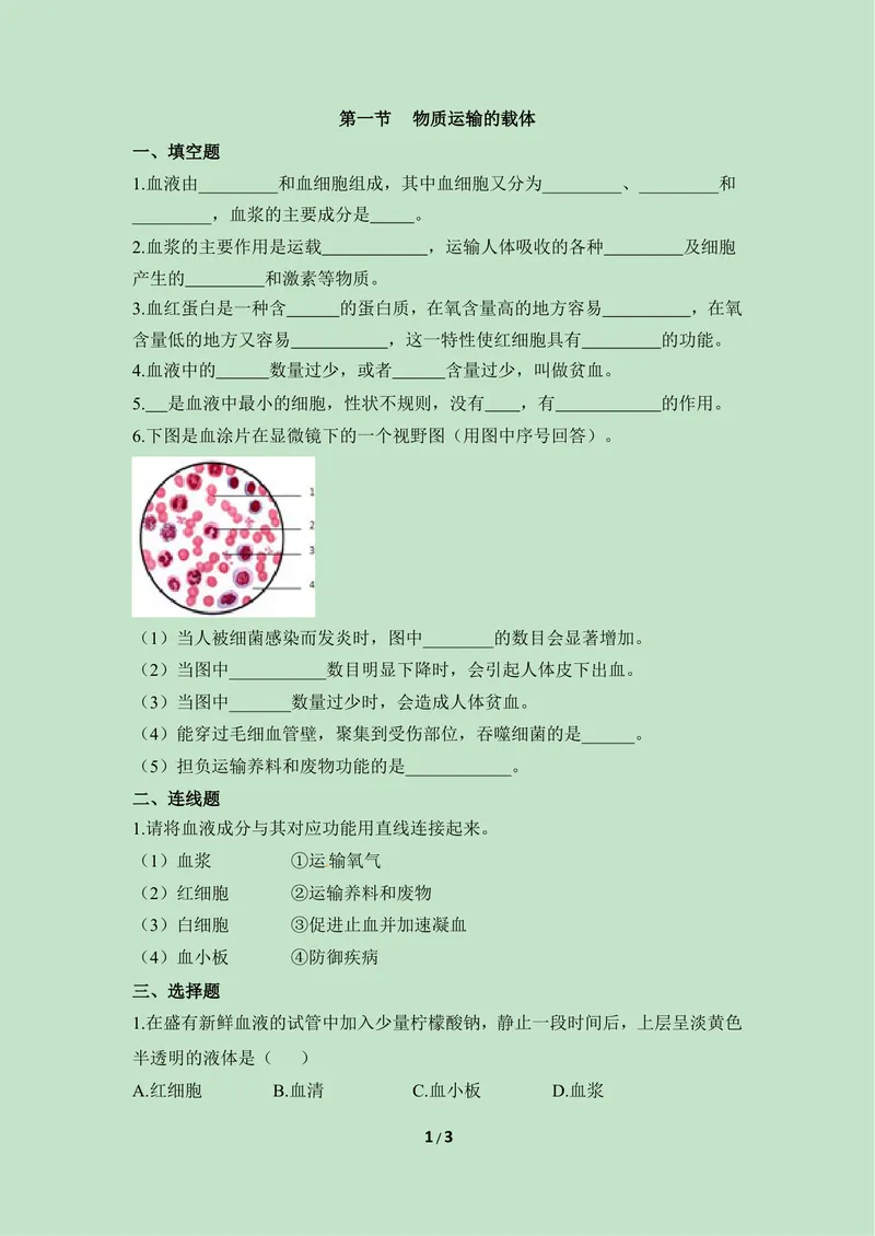 《《物质运输的载体》同步练习1_初中全科目同步习题+精品试卷（7-9年级）_25秋初中生物《同步习题+精品试卷》_初中生物试卷（冀少版）_《同步练习+教案学案》_七年级下册》第1页预览