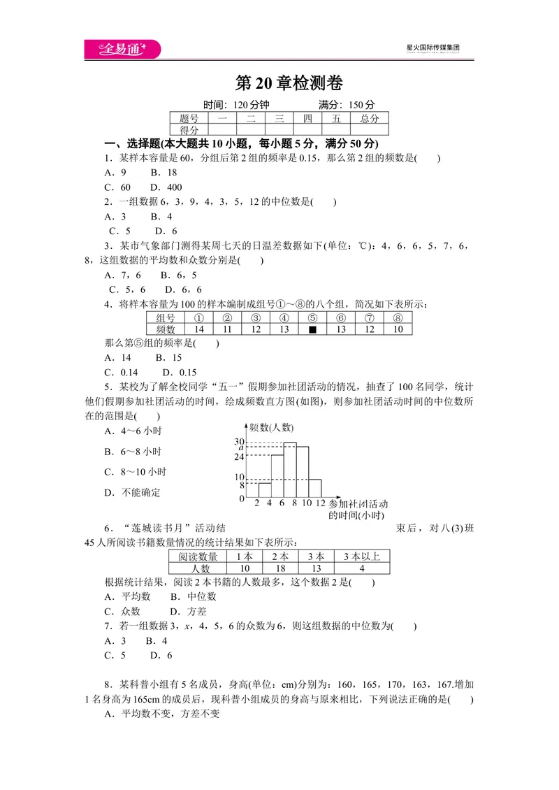 《全易通数学沪科版八年级下第20章测试题_初中全科目同步习题+精品试卷（7-9年级）_25秋初中数学《同步习题+精品试卷》_初中数学沪科版试卷_同步试题资源包_同步试题资源包（8B）》第1页预览