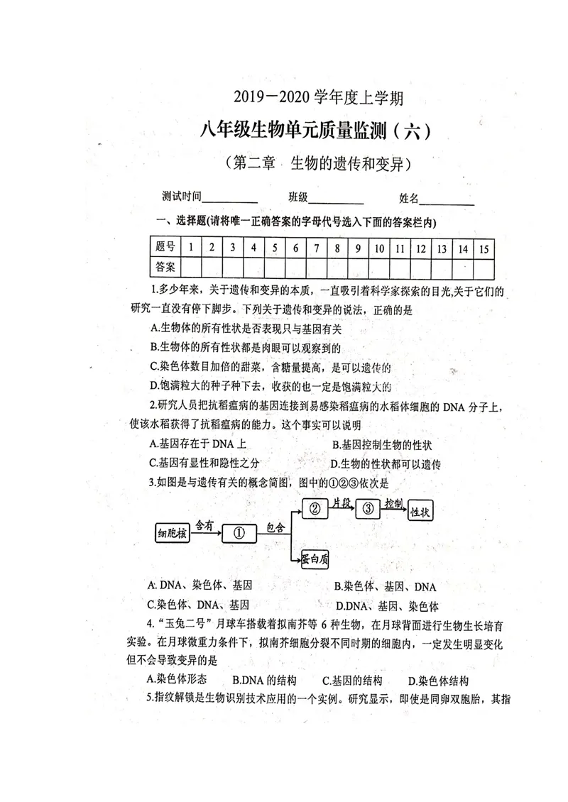《人教版八年级生物下册单元质量监测(六)(第二章生物的遗传和变异)(扫描版)_初中全科目同步习题+精品试卷(7-9年级)_25秋初中生物《同步习题+精品试卷》_初中生物试卷(北师大)》第1页预览