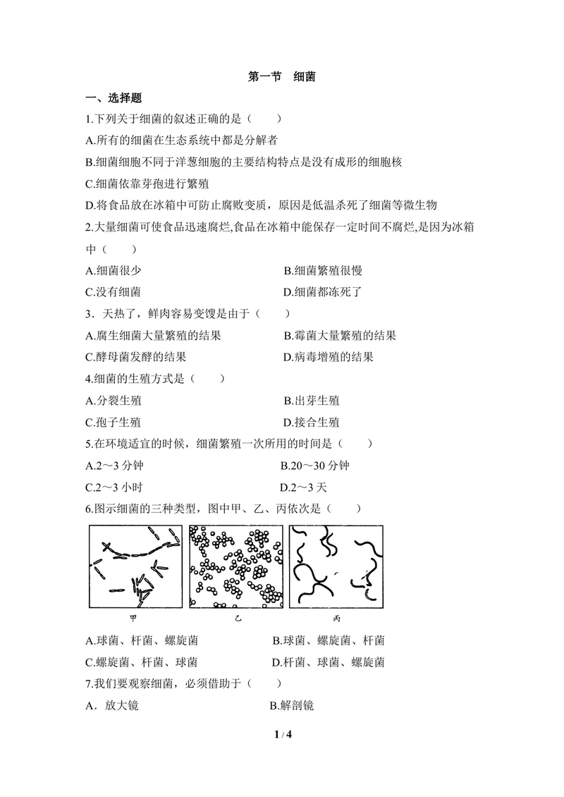 《《细菌》同步练习1_初中全科目同步习题+精品试卷（7-9年级）_25秋初中生物《同步习题+精品试卷》_初中生物试卷（冀少版）_《同步练习+教案学案》_八年级上册_第五单元微生物的生活》第1页预览