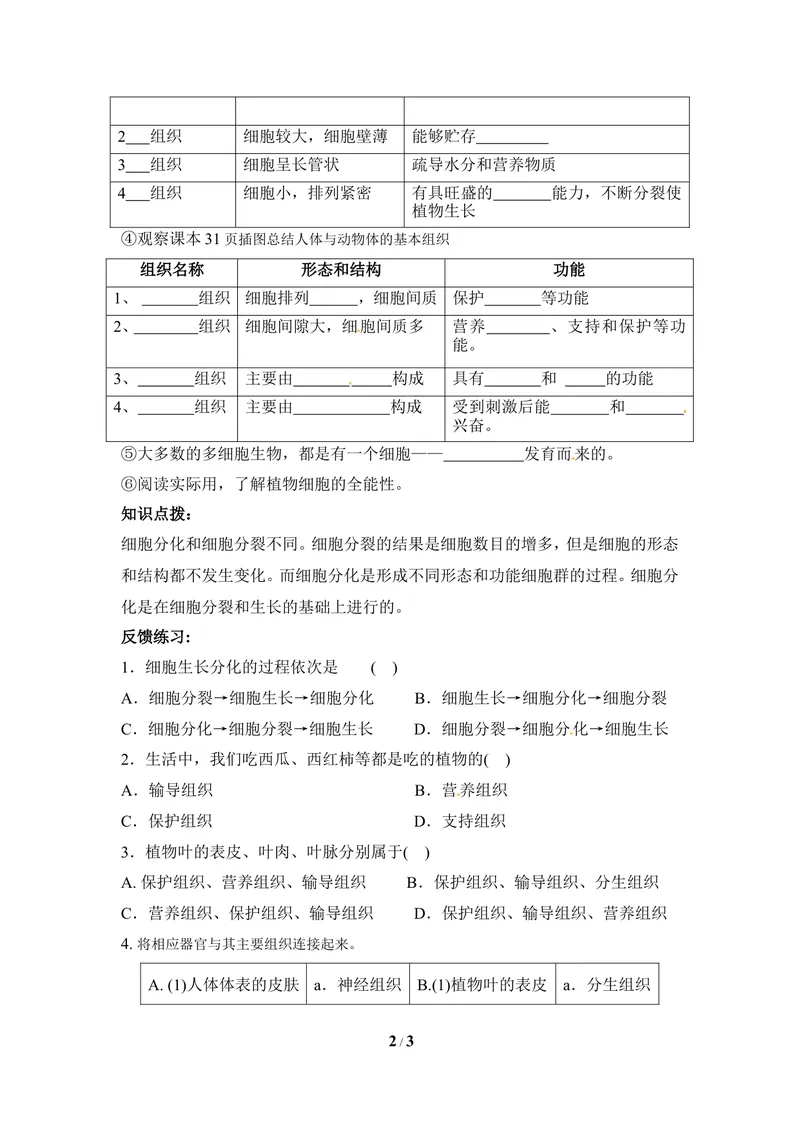《《细胞分化形成组织》导学案_初中全科目同步习题+精品试卷（7-9年级）_25秋初中生物《同步习题+精品试卷》_初中生物试卷（冀少版）_《同步练习+教案学案》_七年级上册》第2页预览