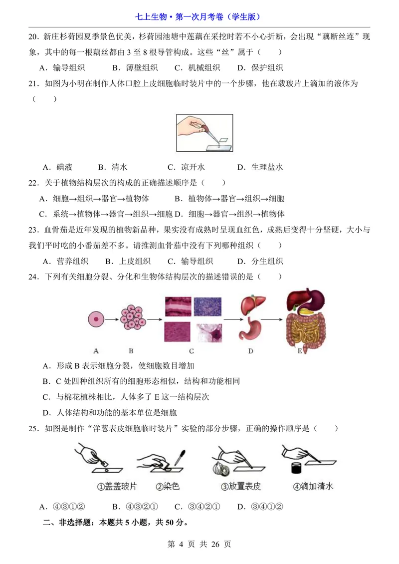 《济南第1次月考第1-2章_初中全科目《第一次月考试卷》7-9年级上册_2026版初中《第一次月考》7年级上册（八科全套）（人教、北师等多版本）_7年级生物上_济南版第一次月考》第4页预览