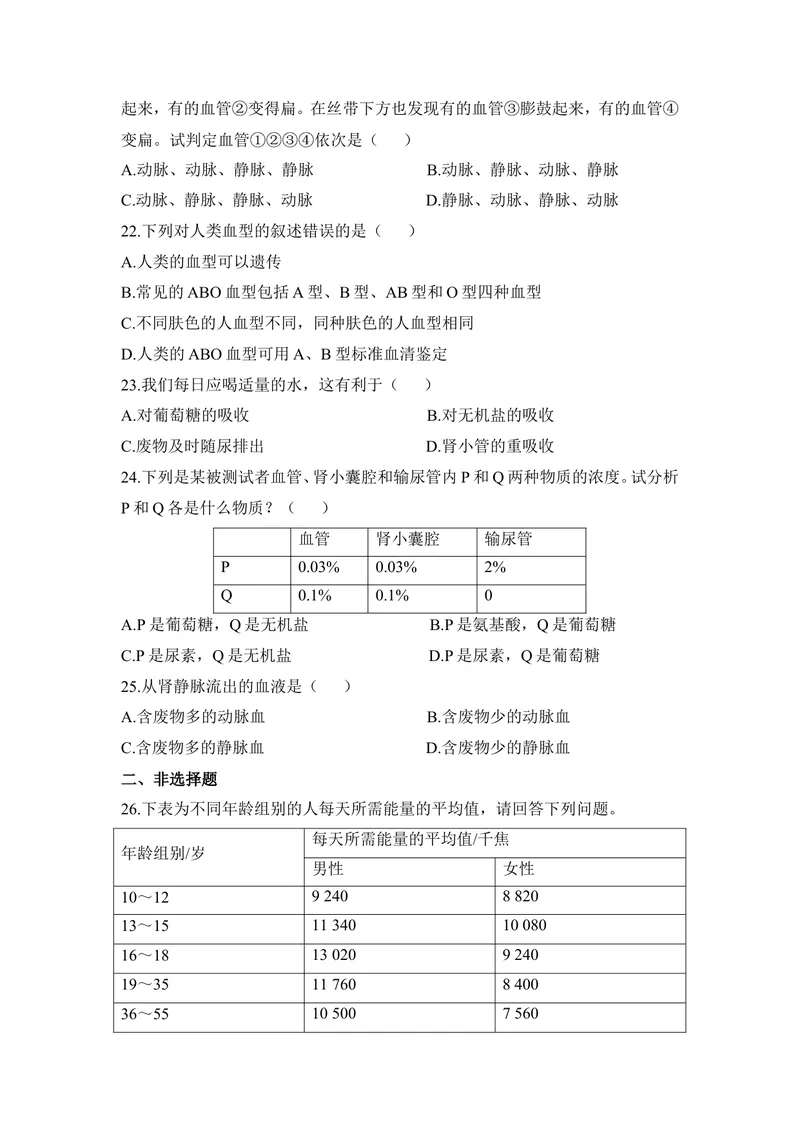 《七年级生物下册期末考试综合测试2_初中全科目同步习题+精品试卷（7-9年级）_25秋初中生物《同步习题+精品试卷》_初中生物试卷（冀少版）_《同步练习+教案学案》_七年级下册》第4页预览