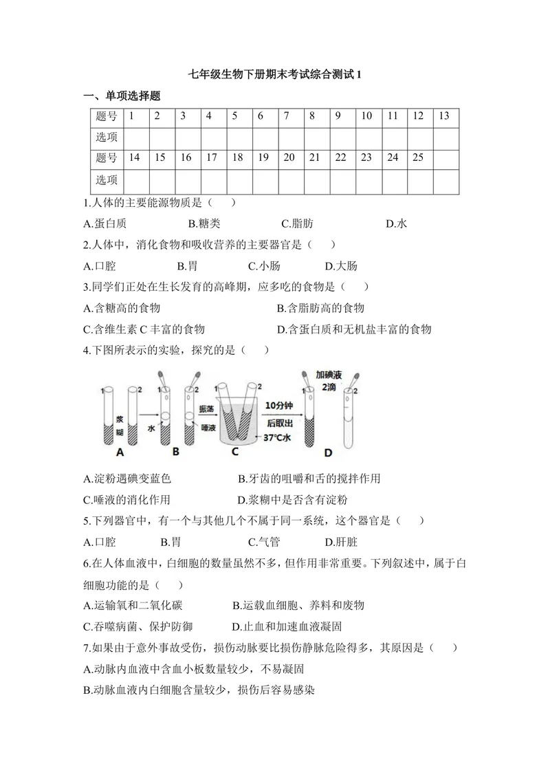 《七年级生物下册期末考试综合测试1_初中全科目同步习题+精品试卷（7-9年级）_25秋初中生物《同步习题+精品试卷》_初中生物试卷（冀少版）_《同步练习+教案学案》_七年级下册》第1页预览