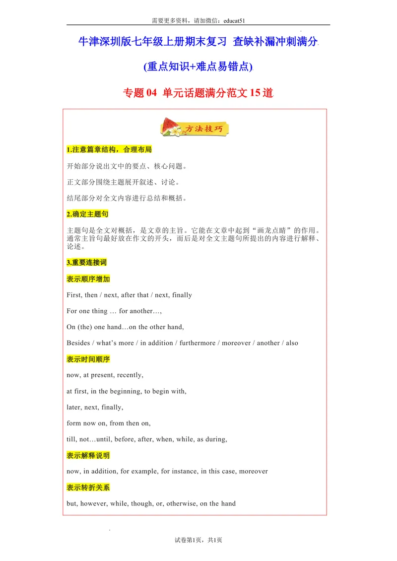 《专题04单元话题满分范文必背15道_初中全科目同步习题+精品试卷（7-9年级）_25秋初中英语《同步习题+精品试卷》_初中英语（沪教牛津版）试卷_七年级上册_期末复习查缺补漏冲刺满分》第1页预览
