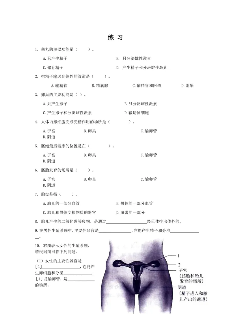 《人的生殖练习题_初中全科目同步习题+精品试卷（7-9年级）_25秋初中生物《同步习题+精品试卷》_初中生物试卷（北师大）_《单元试卷》_单元试卷7B_第一章人的由来_同步练习与总结》第1页预览