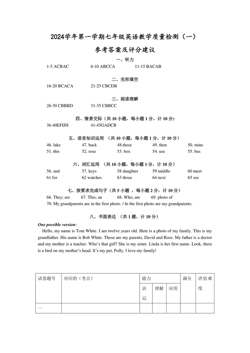 《第一学期七年级英语教学质量检测（一）参考答案（北师版）_初中全科目《第一次月考试卷》7-9年级上册_2026版初中《第一次月考》7年级上册（八科全套）（人教、北师等多版本）》第2页预览
