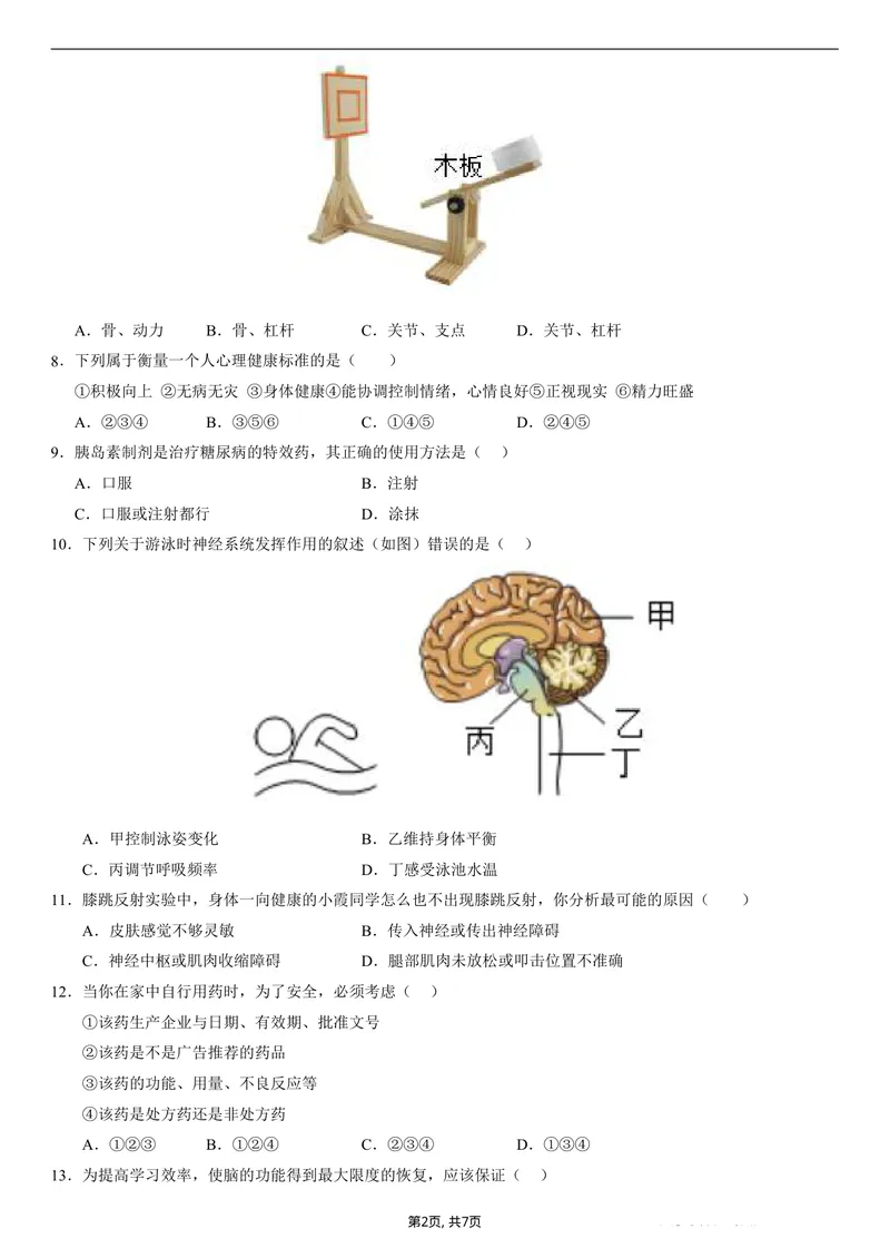《（人教版）八年级生物上学期第一次月考01测试范围：人教版2024第6章到第7章（考试版）（人教版2024）_初中全科目《第一次月考试卷》7-9年级上册_8年级生物上_人教版第一次月考》第2页预览