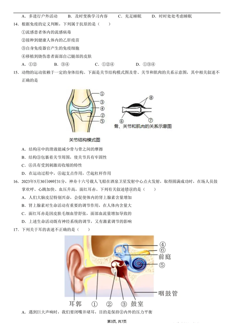 《（人教版）八年级生物上学期第一次月考01测试范围：人教版2024第6章到第7章（考试版）（人教版2024）_初中全科目《第一次月考试卷》7-9年级上册_8年级生物上_人教版第一次月考》第3页预览