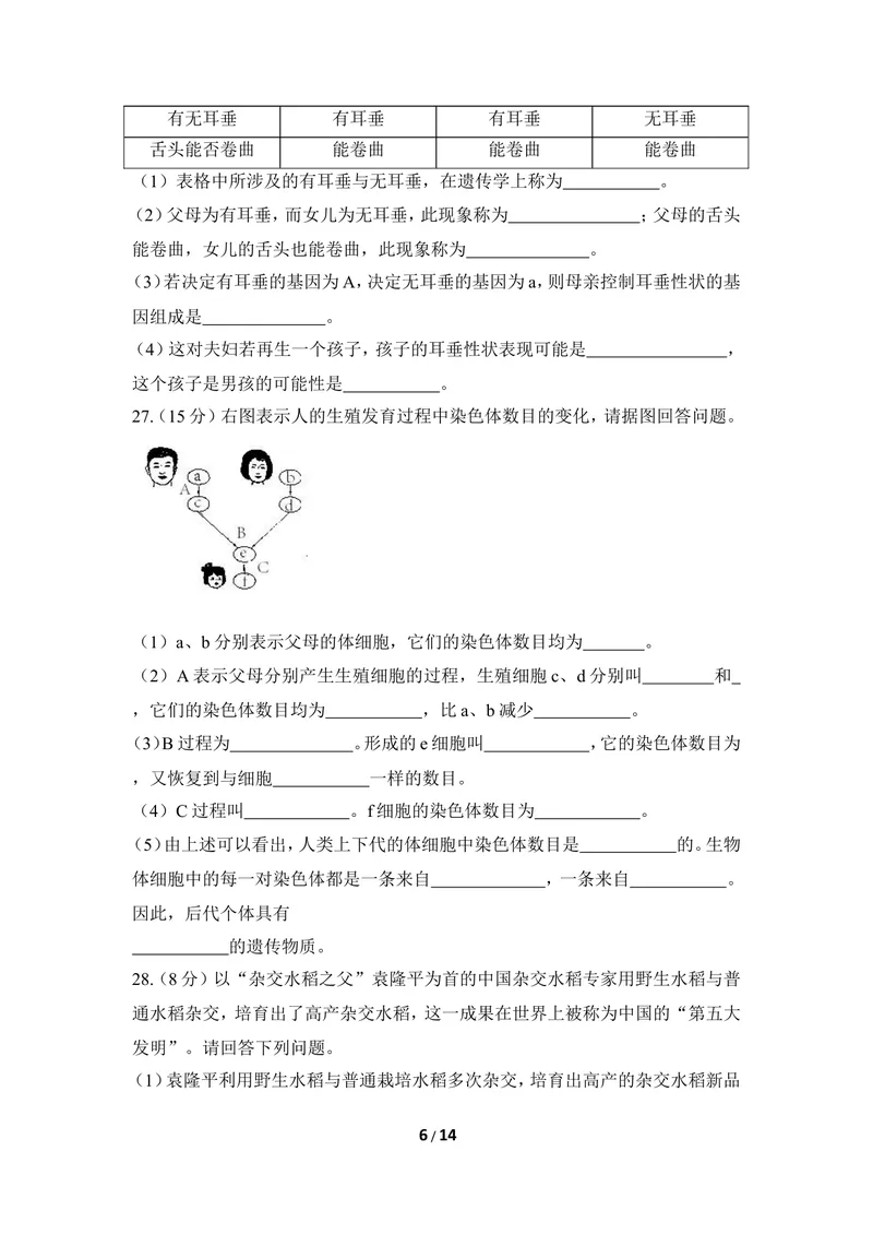 《《生物的遗传和变异》章末测试1_初中全科目同步习题+精品试卷（7-9年级）_25秋初中生物《同步习题+精品试卷》_初中生物试卷（冀少版）_《同步练习+教案学案》_八年级下册》第6页预览
