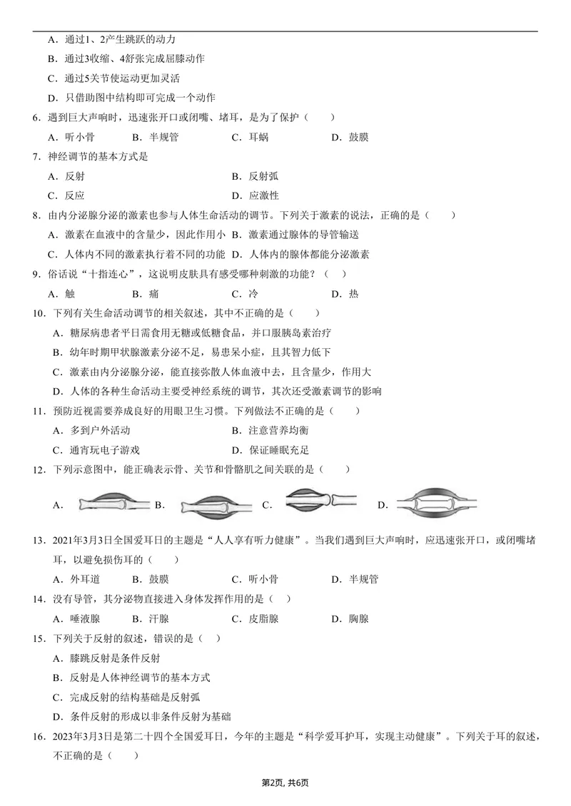 《（人教版）八年级生物上学期第一次月考02测试范围：第6章（考试版）（人教版2024）_初中全科目《第一次月考试卷》7-9年级上册_2026版初中《第一次月考》8年级上册（小四门）》第2页预览