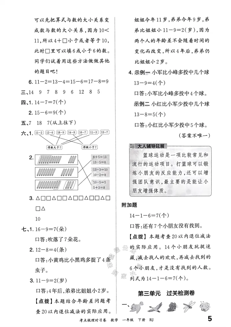 《021.24春人教版数学王朝霞考点梳理时习卷一年级下册答案_小学1-6年级全科全套_1-6年级全科下册_一年级_其他补充资料_数学人教版资料》第6页预览