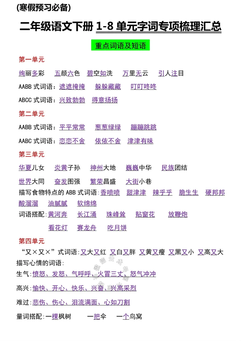 《050.二年级语文下册1-8单元字词专项梳理汇总公众号：米妈家长圈_小学1-6年级全科全套_1-6年级全科下册_二年级_其他补充资料_语文资料》第1页预览