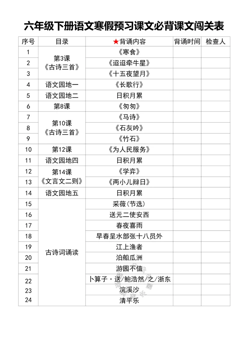 《041.六年级下册语文寒假预习课文必背课文闯关表_小学1-6年级全科全套_1-6年级全科下册_六年级_其他补充资料_语文资料》第1页预览