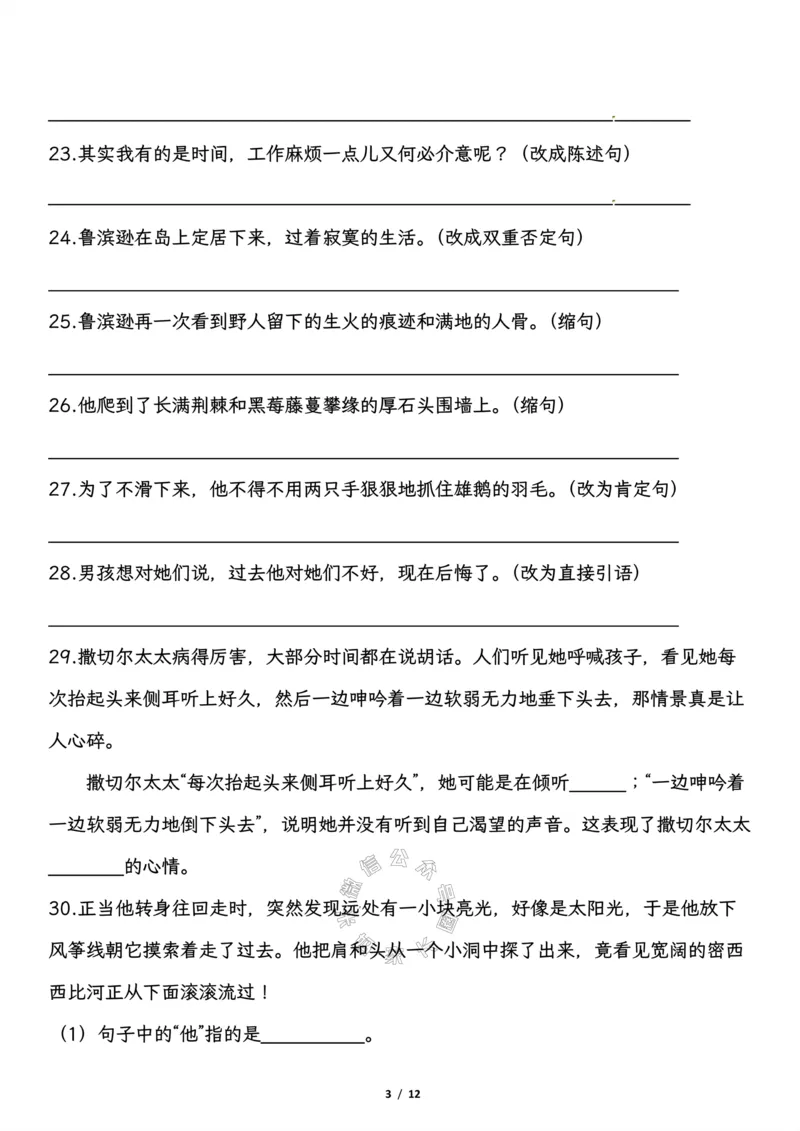 《033.六年级下册语文——按要求写句子训练，试题语文教材同步（有答案）_小学1-6年级全科全套_1-6年级全科下册_六年级_其他补充资料_语文资料》第3页预览