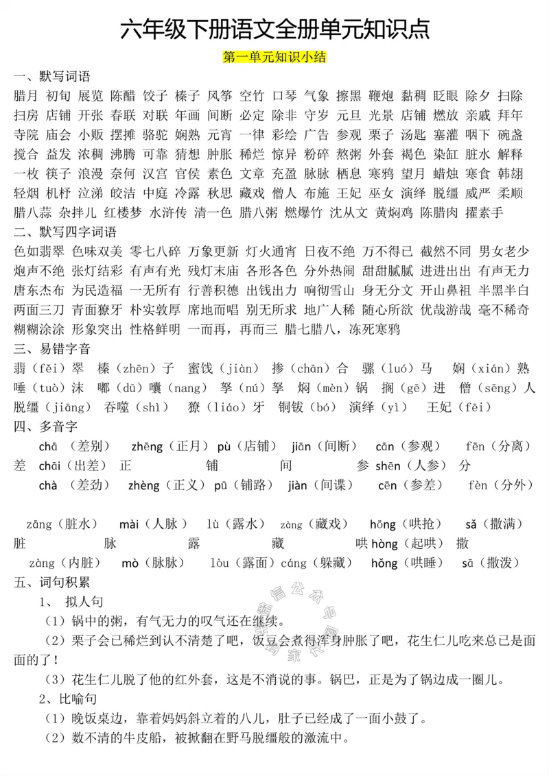 《038.六年级下册语文1-8单元知识点_小学1-6年级全科全套_1-6年级全科下册_六年级_其他补充资料_语文资料》第1页预览