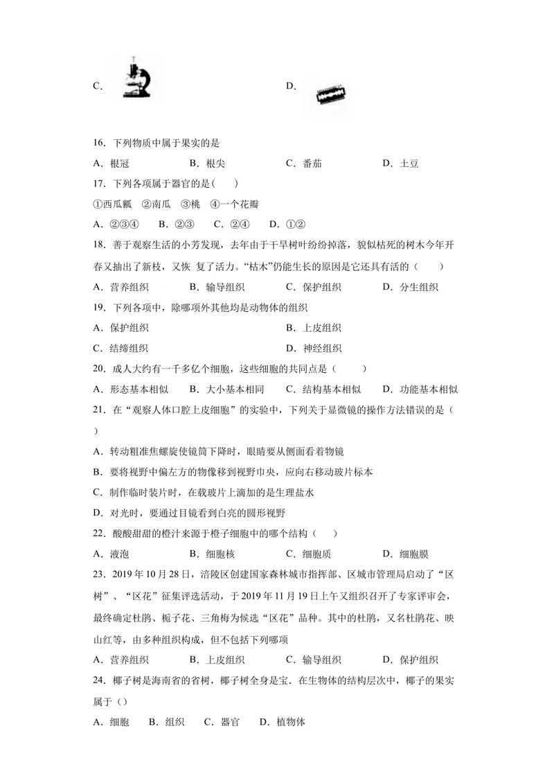 《北师大版初中生物七年级上册第2单元《生物体的结构》测试题（含答案）_初中全科目同步习题+精品试卷（7-9年级）_25秋初中生物《同步习题+精品试卷》_初中生物试卷（北师大）》第3页预览