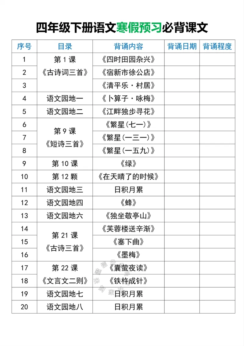 《045.四年级下册语文寒假预习必背课文公众号：米妈家长圈_小学1-6年级全科全套_1-6年级全科下册_四年级_其他补充资料_语文资料》第1页预览