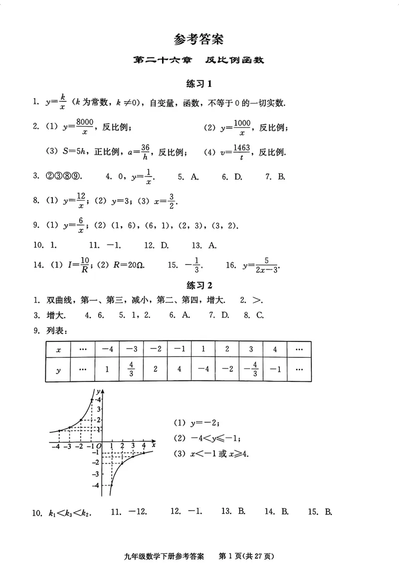 《学习·探究·诊断初中数学-9下参考答案_初中全科目同步习题+精品试卷（7-9年级）_25秋初中数学《同步习题+精品试卷》_初中数学人教版试卷_初中数学人教版7-9年级下册》第1页预览