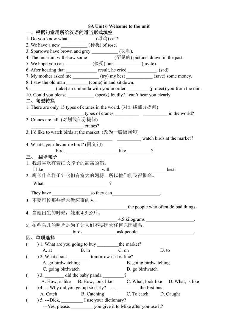 《初中英语八年级上册第6单元Birdwatching单元作业_0作业_初中全科目同步习题+精品试卷（7-9年级）_25秋初中英语《同步习题+精品试卷》_初中英语（译林版）试卷_《优秀作业单》_八年级》第1页预览