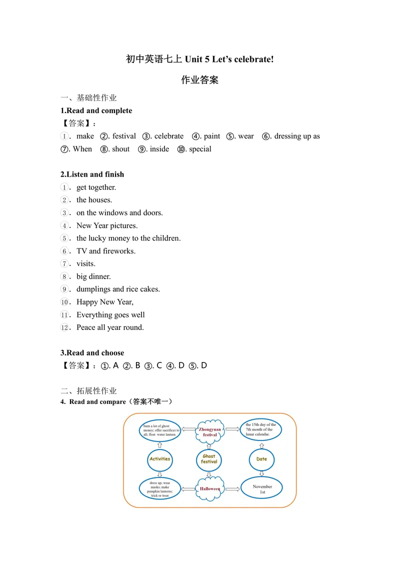 《初中英语七年级上册Unit5Let'scelebrate单元作业_1答案_初中全科目同步习题+精品试卷（7-9年级）_25秋初中英语《同步习题+精品试卷》_初中英语（译林版）试卷_《优秀作业单》_七年级》第1页预览