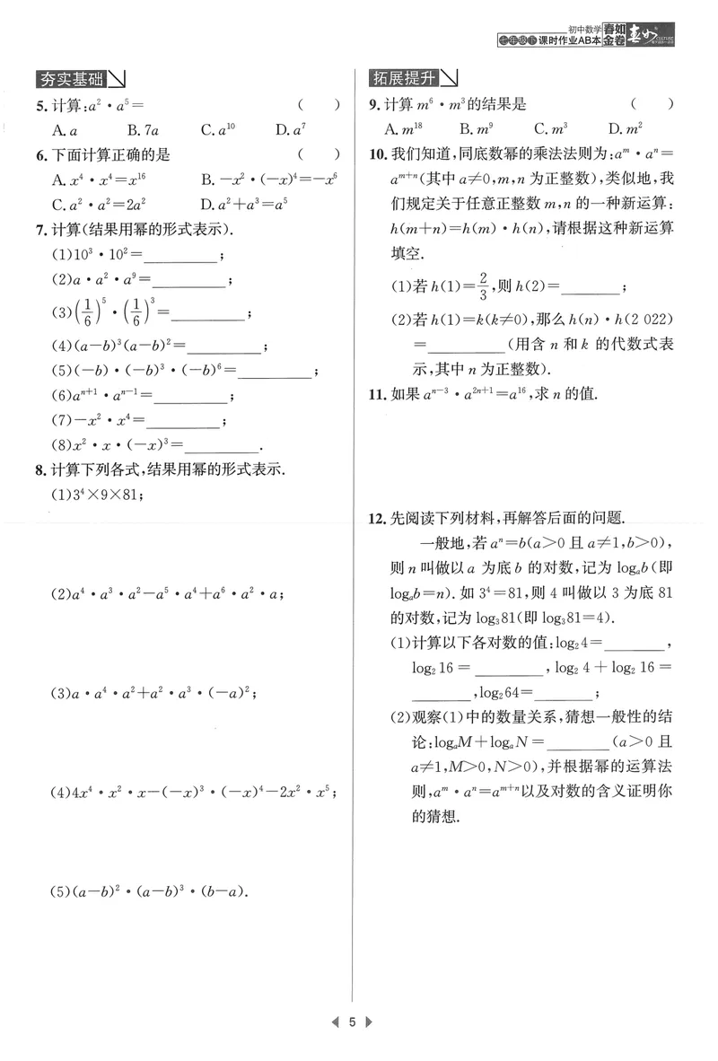 《春如金卷-初中数学-课时作业本7下A本_初中全科目同步习题+精品试卷（7-9年级）_25秋初中数学《同步习题+精品试卷》_初中数学北师大试卷_下册_《春如金卷课时作业本》25春》第9页预览