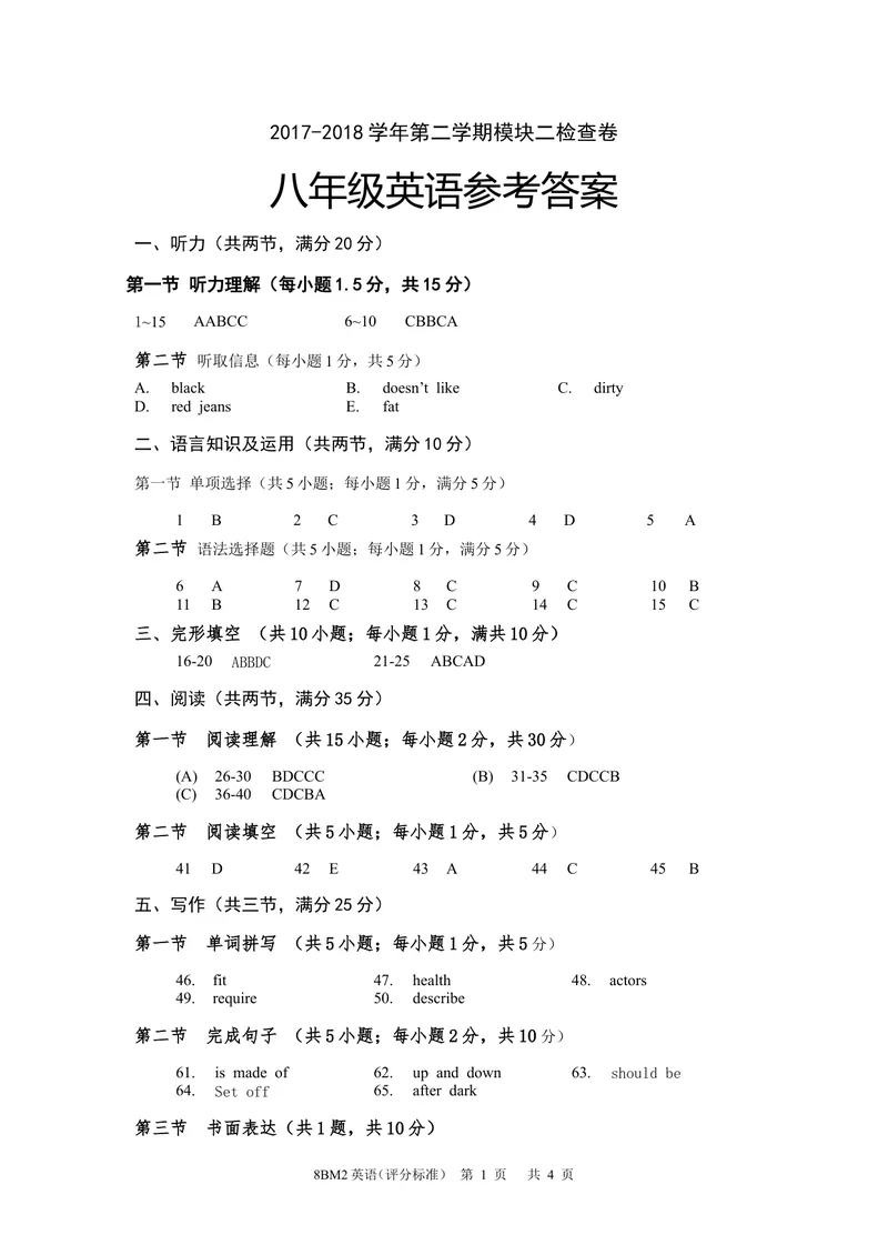 《广州牛津版八年级英语模块二测试卷8BM2英语（答案及评分标准）_初中全科目同步习题+精品试卷（7-9年级）_25秋初中英语《同步习题+精品试卷》_初中英语（沪教牛津版）试卷_八年级下册》第1页预览