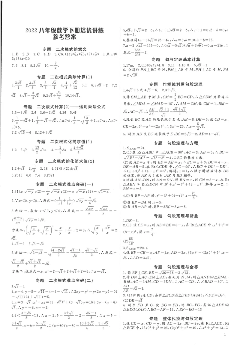 《思维新观察-数学培优讲练-RJ-8下-参考答案_初中全科目同步习题+精品试卷（7-9年级）_25秋初中数学《同步习题+精品试卷》_初中数学人教版试卷_初中数学人教版7-9年级上册》第1页预览