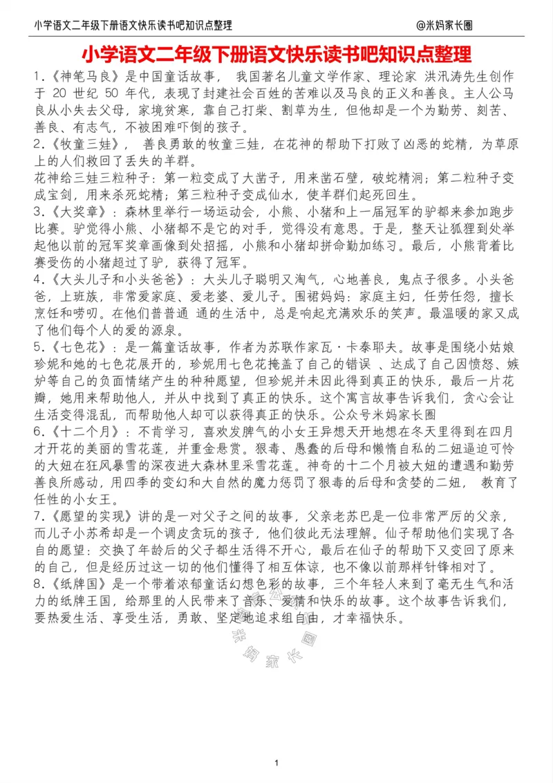 《061.小学语文二年级下册“快乐读书吧”知识整理公众号：米妈家长圈_小学1-6年级全科全套_1-6年级全科下册_二年级_其他补充资料_语文资料》第1页预览