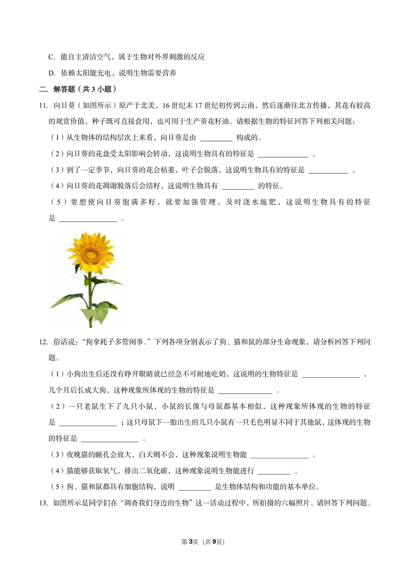 《初一生物暑假课后练习第一讲_26初一网课_2026初一生物张雨桐_初一生物培训班（秋上·全国版·A+）-张雨桐_3.认识生物》第3页预览