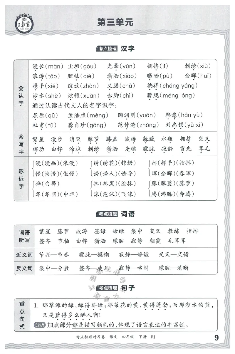 《061.24春语文王朝霞考点梳理时习卷四年级下册考点梳理手册公众号：米妈家长圈_小学1-6年级全科全套_1-6年级全科下册_四年级_其他补充资料_语文资料》第10页预览