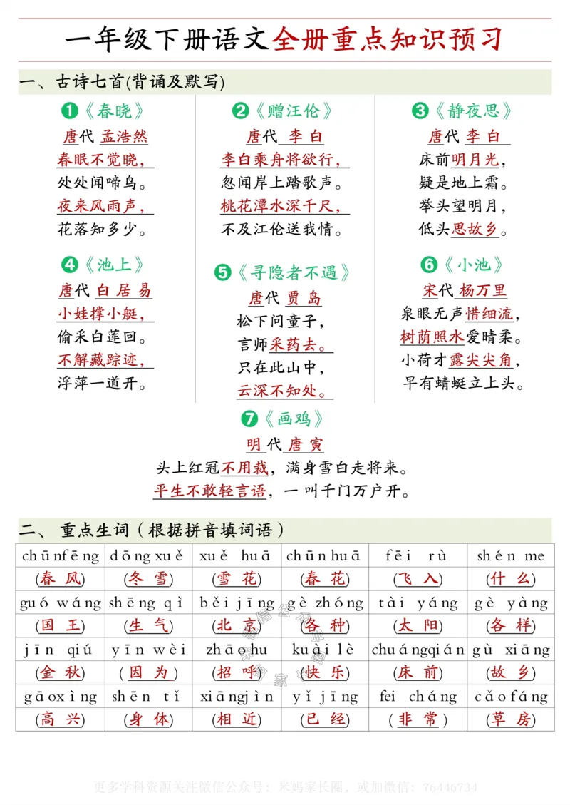 《064.24春一年级下册语文全册重点知识预习汇总，答案版+空白版_小学1-6年级全科全套_1-6年级全科下册_一年级_其他补充资料_语文资料》第1页预览