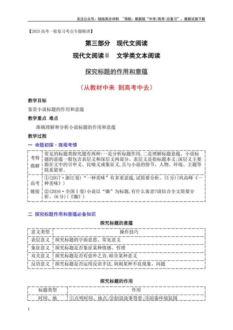 《14探究标题的作用和意蕴（从教材中来，到高考中去）_一轮复习_2025年_2025年高考语文一轮复习之文学类阅读（全国通用）_资料_1-资料》第1页预览