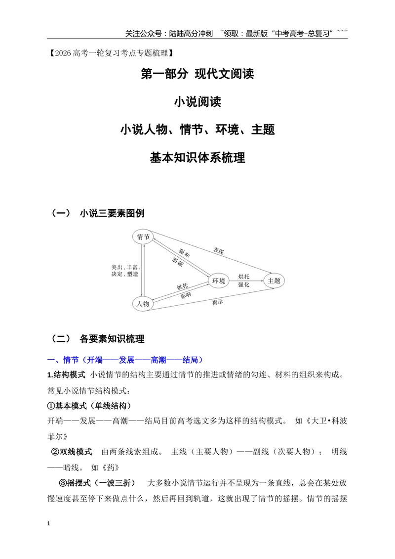 《02小说人物、情节、环境、主题基本知识体系梳理（小说部分）-（全国通用）_一轮复习_2026年-语文一轮复习_2026年高考语文一轮复习之现代文专题（全国通用）-G388_资料》第1页预览