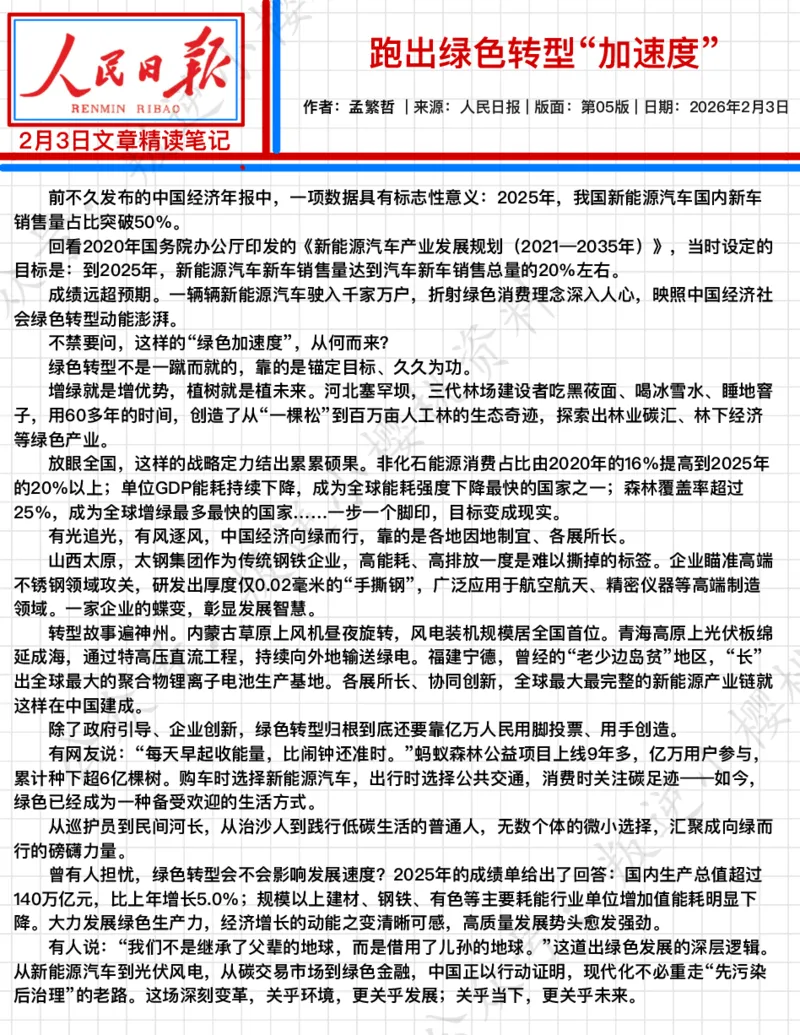 《2026.2.3跑出绿色转型“加速度”公众号：叛逆小樱桃资料_3539.2027北京定向选调_08选调高分范文+写作素材+申论刷题集_20、人民日报范文每日精讲（按月更新）_2月人民日报精读》第2页预览