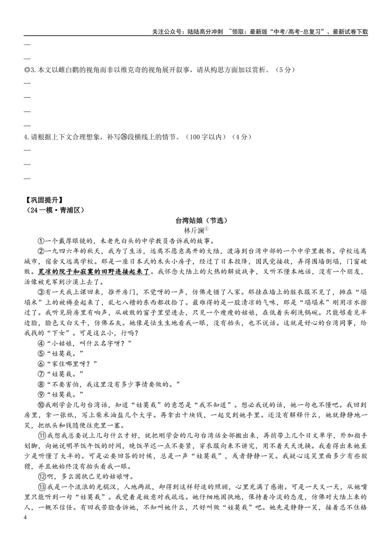 《12文学文本：叙述视角（原卷版）_专项复习_2025年_2025年高考语文文学类文本阅读16练（上海专用）》第4页预览