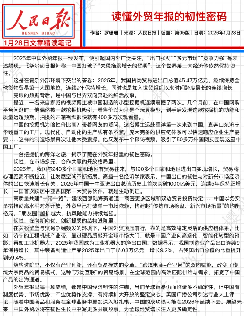 《2026.1.28读懂外贸年报的韧性密码公众号：叛逆小樱桃资料_3539.2027北京定向选调_08选调高分范文+写作素材+申论刷题集_20、人民日报范文每日精讲（按月更新）_1月人民日报精读》第2页预览