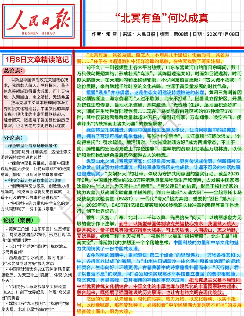 《2026.1.08“北冥有鱼”何以成真公众号：叛逆小樱桃资料_3539.2027北京定向选调_08选调高分范文+写作素材+申论刷题集_20、人民日报范文每日精讲（按月更新）_1月人民日报精读》第1页预览