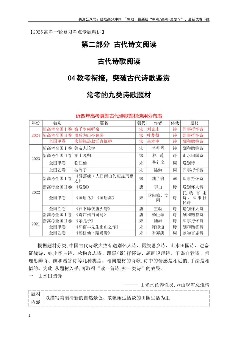 《04教考衔接，突破古代诗歌鉴赏常考的九类诗歌题材_一轮复习_2025年_2025年高考语文一轮复习阅读鉴赏全国通用_资料_2-古代诗歌阅读》第1页预览