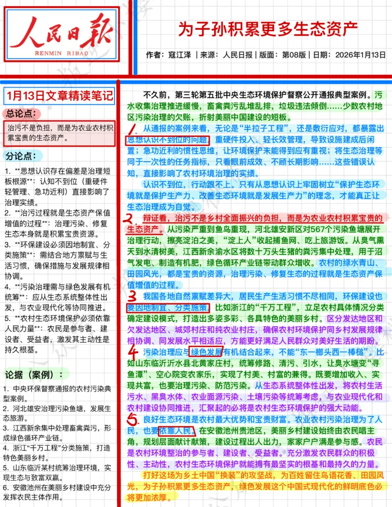 《2026.1.13思维导图：为子孙积累更多生态资产公众号：叛逆小樱桃资料_3539.2027北京定向选调_08选调高分范文+写作素材+申论刷题集_20、人民日报范文每日精讲（按月更新）》第1页预览