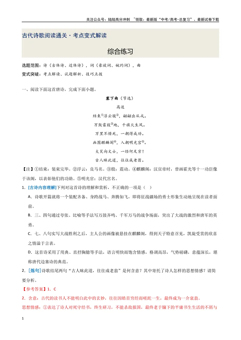 《13综合练习精讲（古诗阅读考点变式解读·诗歌综合练习）（解析）-13页_专项复习_2025年_2025年高考语文古代诗歌阅读高频考点解读与变式通关练（新高考通用）_资料》第1页预览
