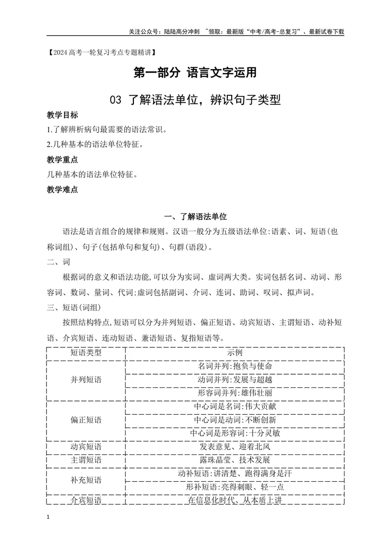 《04了解语法单位，辨识句子类型（讲义）_一轮复习_2025年_2025年高考语文一轮复习之语言文字运用（全国通用）_资料_1-资料》第1页预览