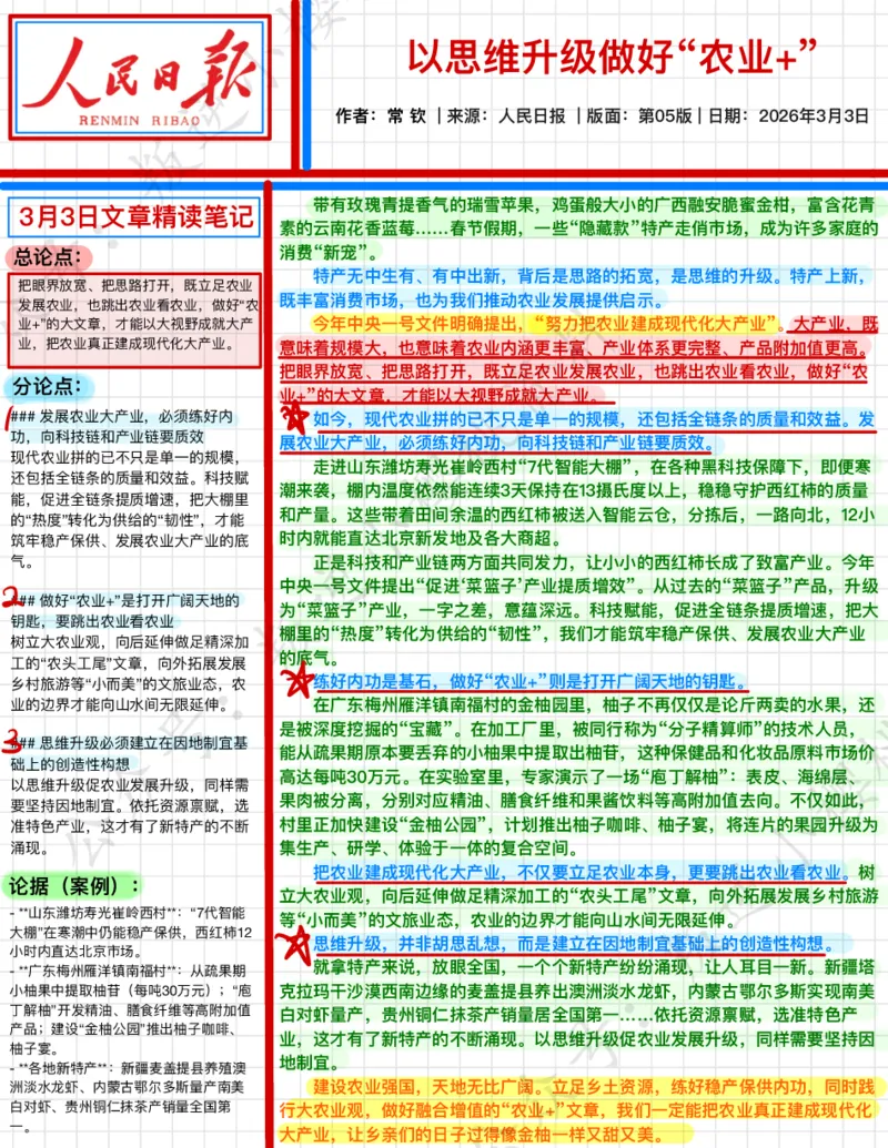 《2026.3.3以思维升级做好“农业+”公众号：叛逆小樱桃资料_3539.2027北京定向选调_08选调高分范文+写作素材+申论刷题集_20、人民日报范文每日精讲（按月更新）_3月人民日报精读》第1页预览