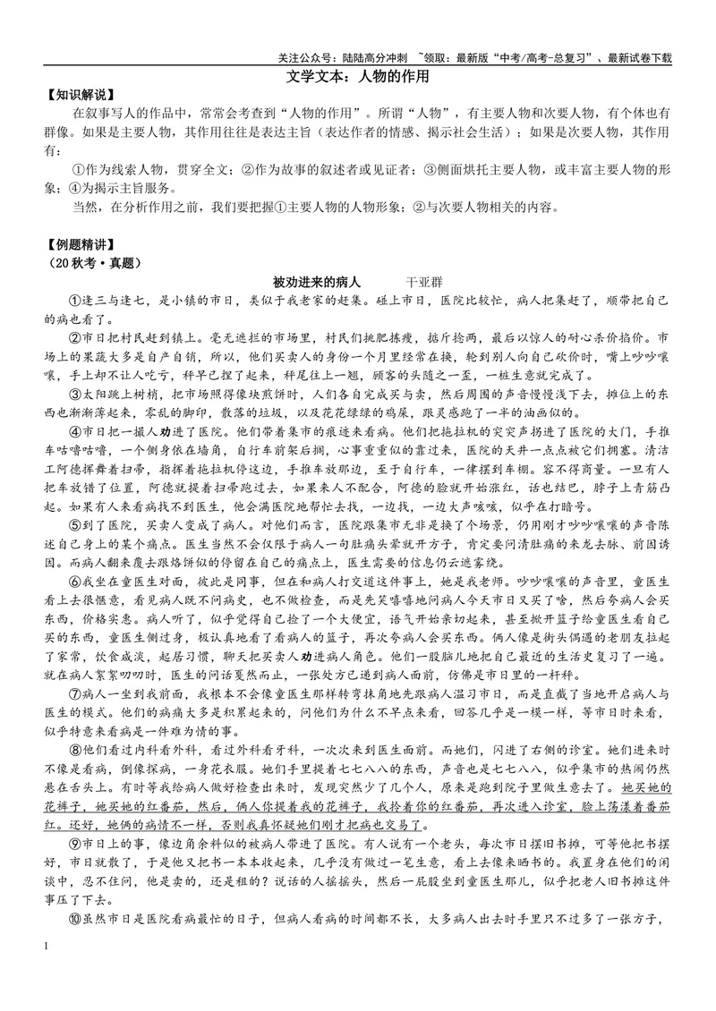 《09文学文本：人物的作用（原卷版）_专项复习_2025年_2025年高考语文文学类文本阅读16练（上海专用）》第1页预览