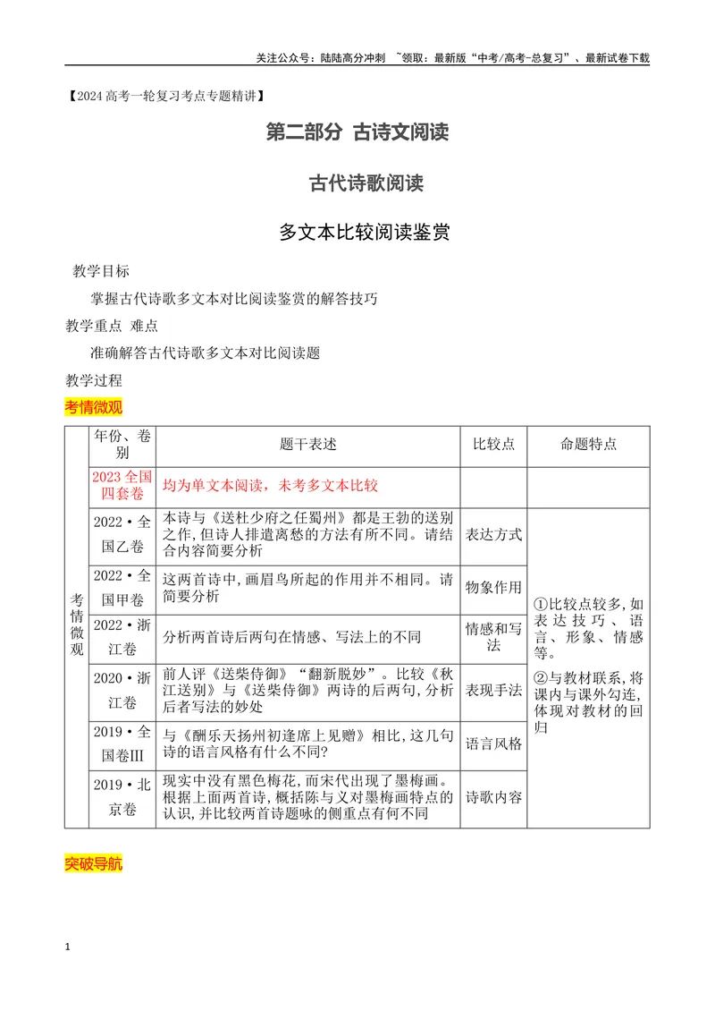 《13古代诗歌多文本比较阅读鉴赏-（全国通用）_一轮复习_2024年_2024年高考语文一轮复习之古代诗歌阅读与默写（全国通用）_资料》第1页预览