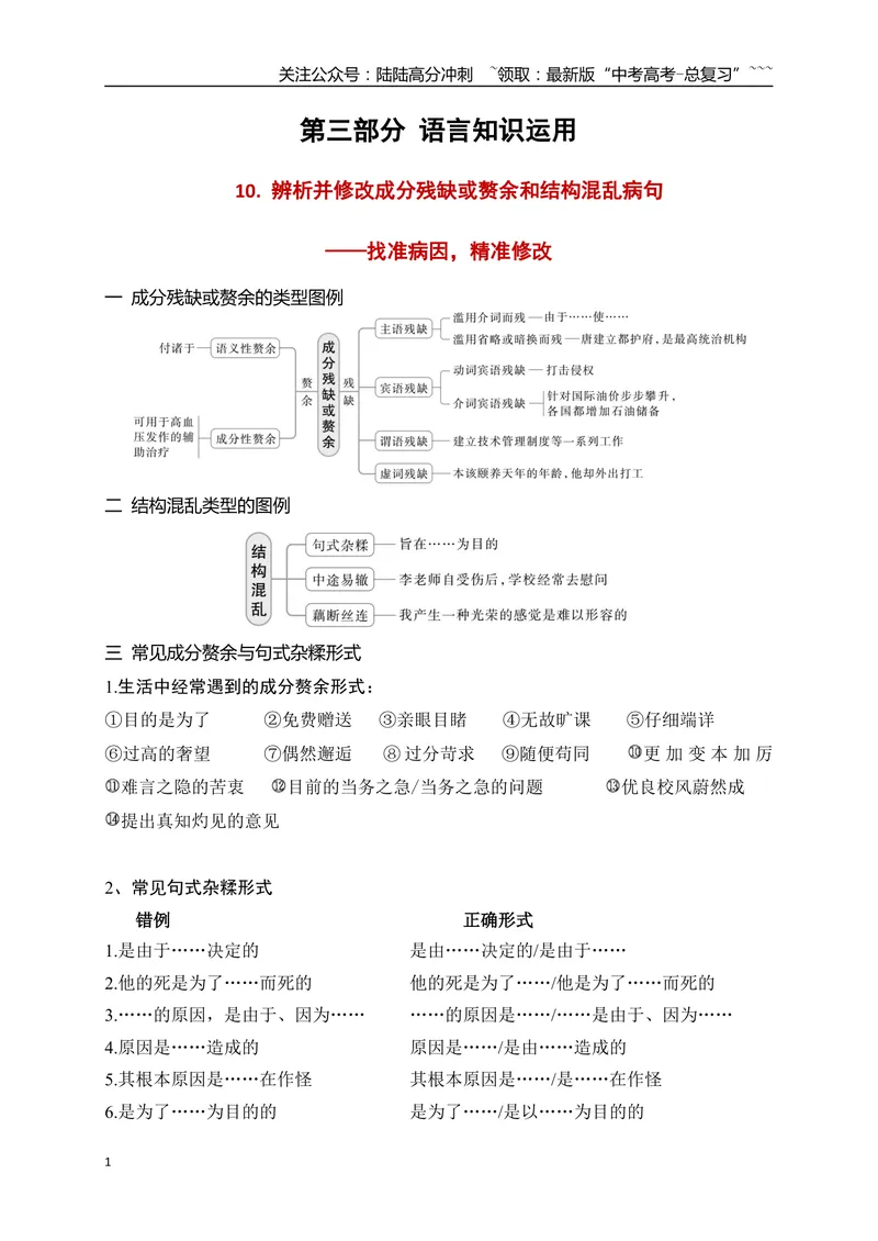 《10语言文字运用之辨析并修改成分残缺或赘余和结构混乱病句——找准病因，精准修改_一轮复习_2026年-语文一轮复习_2026年高考语文一轮复习之语言文字运用（全国通用）-G389_资料》第1页预览