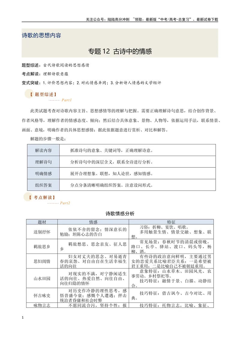 《12古诗的情感（三种变式）（古诗阅读考点变式解读·诗歌的思想内容）（解析）-20页_专项复习_2025年_2025年高考语文古代诗歌阅读高频考点解读与变式通关练（新高考通用）_资料》第1页预览