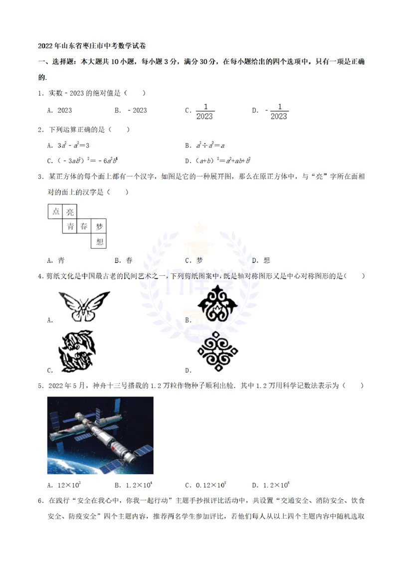 《2022年山东省枣庄市中考数学真题（原卷版）_12.2026年4月全国各地高考模拟卷_2026版初中金考卷•45套中考试卷汇编系列合集_全国版中考真题(1)_各省市《历年中考真题》2013-2024(10)_山东》第1页预览