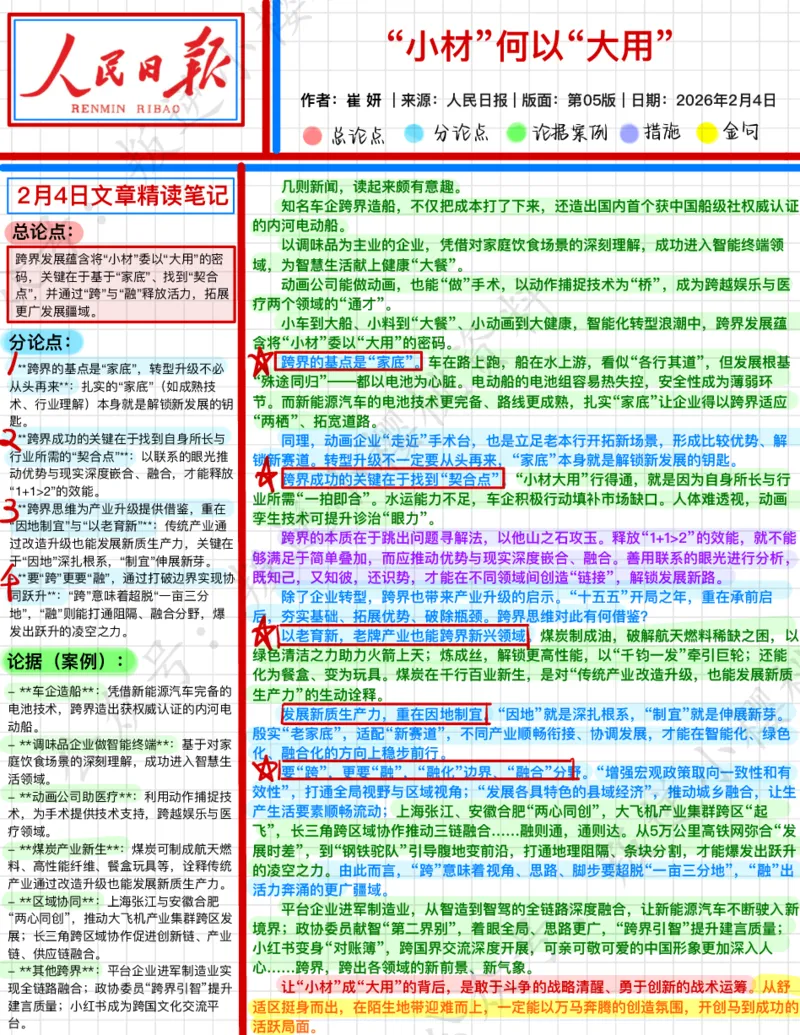 《2026.2.4“小材”何以“大用”公众号：叛逆小樱桃资料_3539.2027北京定向选调_08选调高分范文+写作素材+申论刷题集_20、人民日报范文每日精讲（按月更新）_2月人民日报精读》第1页预览